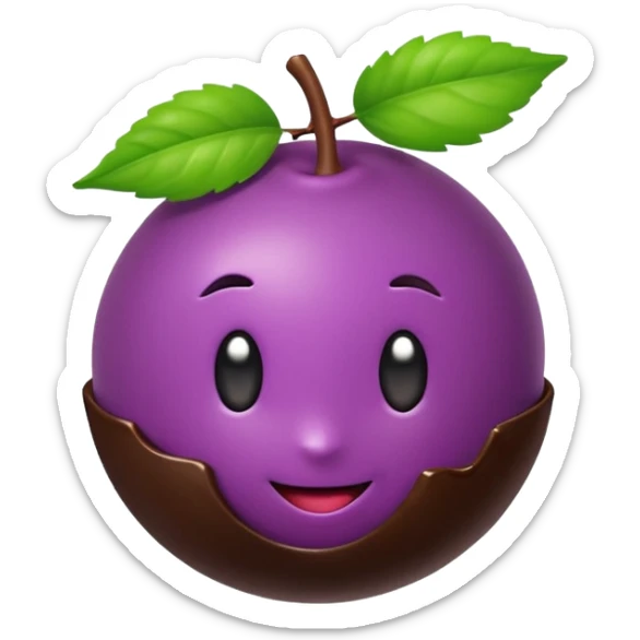 glossy playful emoji-style açaí berry bonbon, shiny deep purple berry, bottom half dipped in dark chocolate, small green leaf on top, clean modern emoji icon aesthetic sticker