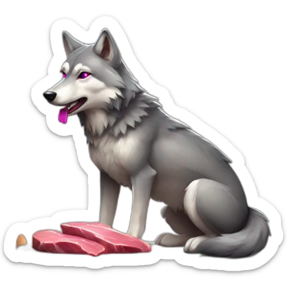 Wolf with magenta eyes and grey furr, eating a meat, sitting on the roof sticker