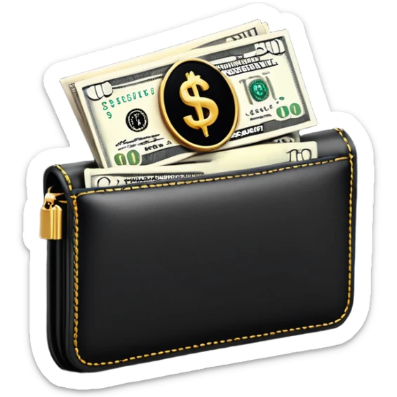 Rich emoji style black leather wallet with dollar bills, luxury money vibe, premium 3D emoji, ultra clean, high detail, no background
 sticker