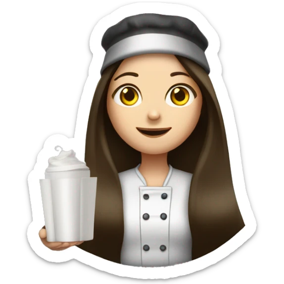 Brunette long straight hair girl holding food plate in a cook hat sticker