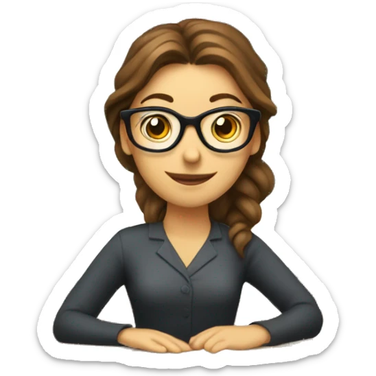 teacher, blue eyes, brown hair, ponytail woman, in front of blackboard, glasses sticker