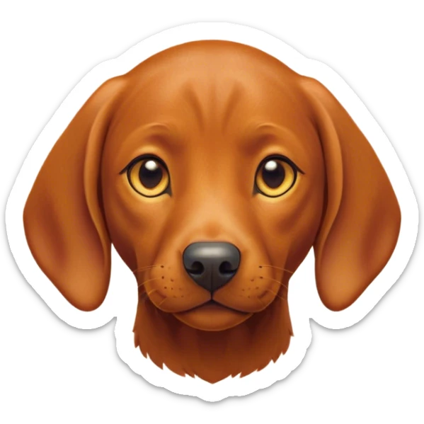 Cinematic Cute Vizsla Portrait Emoji, Head tilted playfully and inquisitively, featuring a sleek rust and gold Fur with a natural sheen, round, sparkling amber eyes filled with curiosity, Simplified yet irresistibly adorable features, highly detailed, glowing with a warm, friendly glow, high shine, affectionate and spirited, stylized with a touch of whimsy, bright and endearing, soft glowing outline, capturing the essence of a mischievous yet loving companion, so playful it feels like it could dash out of the screen and into your arms! sticker