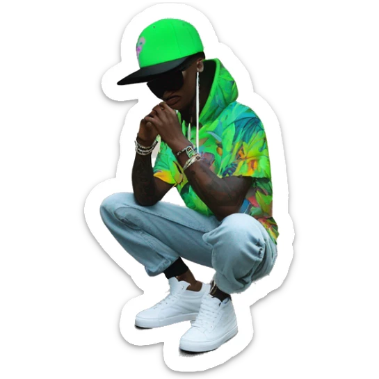 Multicoloured neon black and green graffiti person smoking wearing hoodie dancing hip hop bucket hat tropical Skater fashion aesthetic baggy clothes graphic t shirt 420 sticker