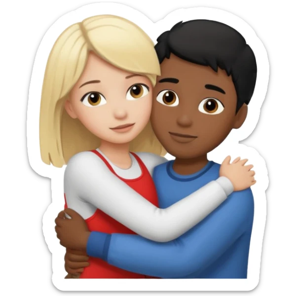 Black boy with black hair hugging a white girl blonde hair sticker