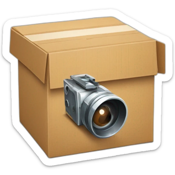 Video icons, movie camera, film, play, logos, likes, thumbs up, marks, views, coverage, applause fly out of a Cardboard box sticker