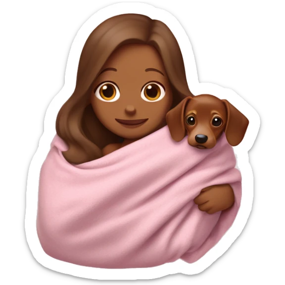 a white woman with long brown hair is cradling her puppy in a pink baby blanket. the puppy is a brown dachshund dog. the woman is smiling with mouth ajar. you can see the woman cradling the puppy like a baby from her waist up.  sticker