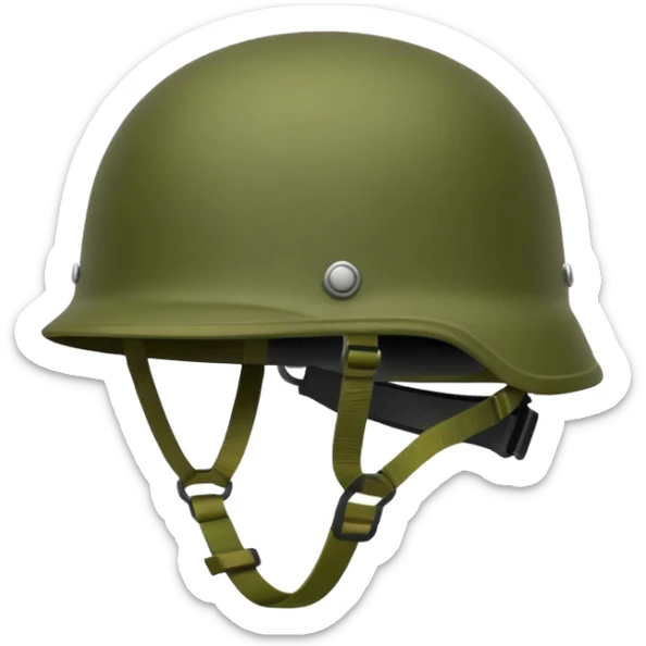 modern NATO military helmet, emoji style, green or olive color, distinctive shape, accessory mounts, strap sticker