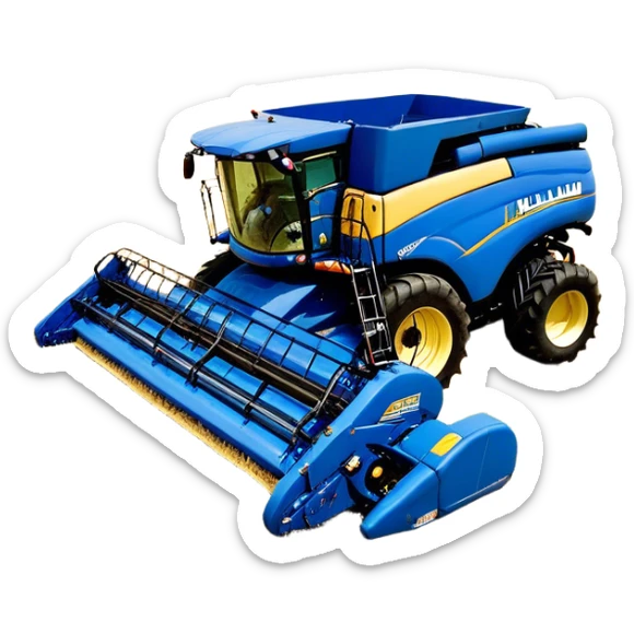 New Holland Roll-Belt 560 (2018) – Cinematic-realistic New Holland Roll-Belt 560 baler, its blue body steadily compressing golden hay into tight, round bales. The rhythmic motion of the machine continues as dust swirls in the afternoon heat, with rows of freshly cut grass stretching toward the horizon. sticker