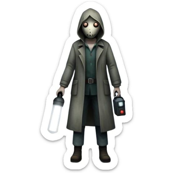 An icon depicting a dark, foggy street with eerie, abandoned buildings, inspired by Silent Hill 2. The design features a mysterious figure holding a flashlight, casting long shadows. A chilling atmosphere is created by dim lighting and unsettling details. Transparent background. sticker