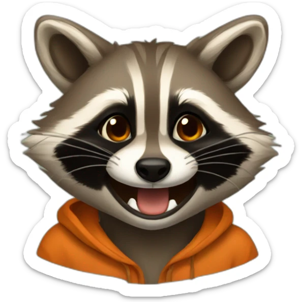 brown raccoon with orange eyes and a dark green hood that is laughing sticker