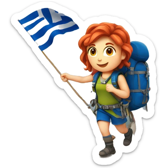 Greek flag background Female mountain climber red hair climbing with Greek flag on backpack and holding Easter eggs basket sticker
