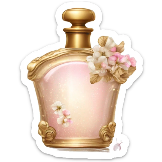 Vintage perfume bottle in antique Greek style, white, pink and beige, oil perfume inside, sequins and flowers fluttering around sticker