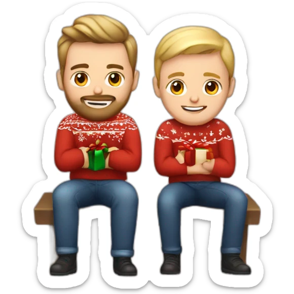 young gay couple in christmas sweathers sitting. one blond guy with beard and the other with brown hair sticker