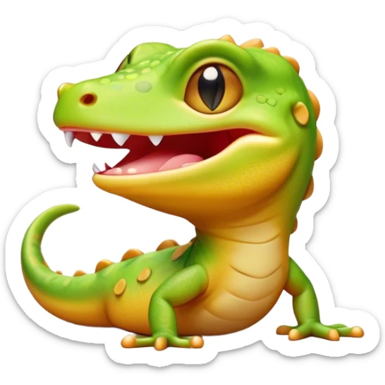 Cinematic Cute Yawning Gecko Portrait Emoji, Head tilted slightly with a dramatic, wide-open yawn, showcasing a compact, smooth-scaled body with slightly drooping eyelids and a relaxed, open-mouthed expression, Simplified yet irresistibly adorable features, highly detailed, glowing with a soft, cozy ambient glow, high shine, relaxed yet expressive, stylized with a hint of whimsical charm, soft glowing outline, capturing the essence of a drowsy yet affectionate gecko that appears ready to stretch out for a nap! sticker