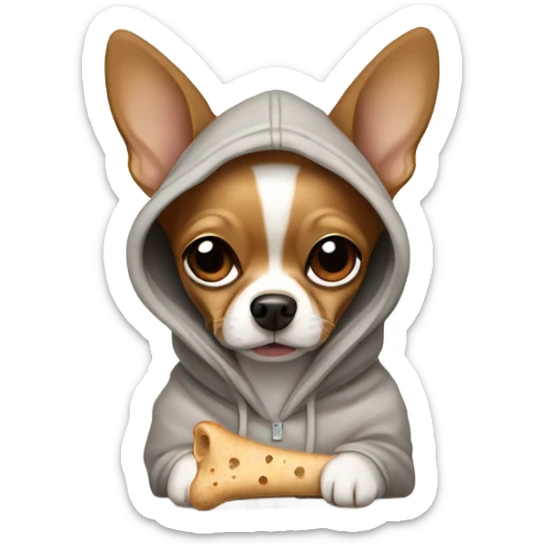 Brown chihuahua wearing a hoodie holding a dog bone sticker