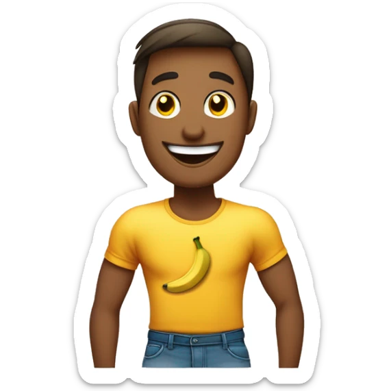 L'emoji montre un jeune homme portant un T-shirt avec une banane souriante dessus et fermant les yeux avec des joues rouges, suggérant un léger sentiment de défi ou d'espièglerie. sticker
