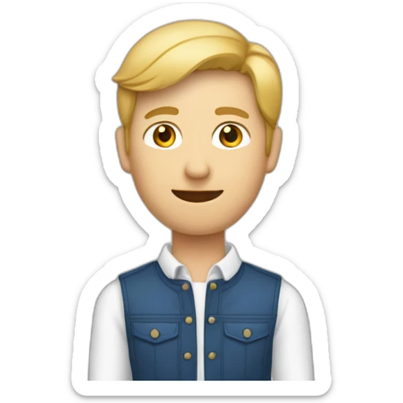 Een man met een rode jas en kort blond haar en een spijkerbroek aan en witte tanden sticker