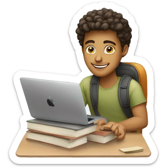 Generate me an emoji of a guy with book and macbook ( student ). He looks happy  sticker