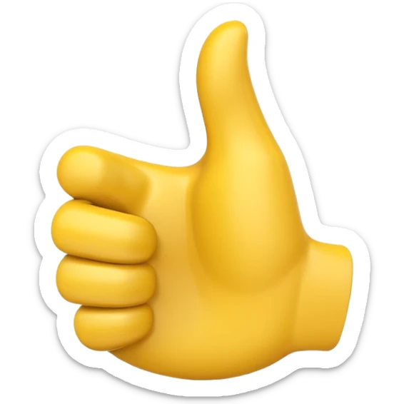 Apple-style 3D illustration of a single yellow emoji hand giving a thumbs up gesture, glossy and rounded, centered on a clean white background, soft shadow underneath, isolated and minimal design sticker