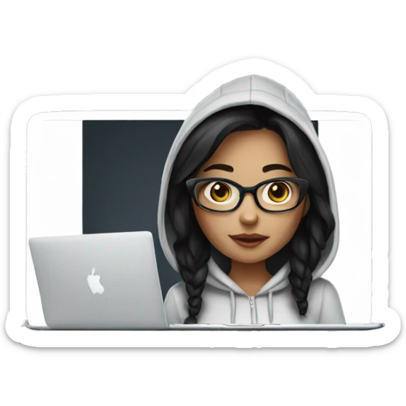 a white tenage girl with black hair and glasses wearing a hoodie working on a macbook sticker