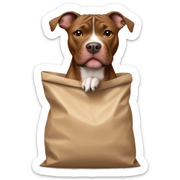 brown pit bull with a beige bow on his neck, sticks his head out of the bag sticker