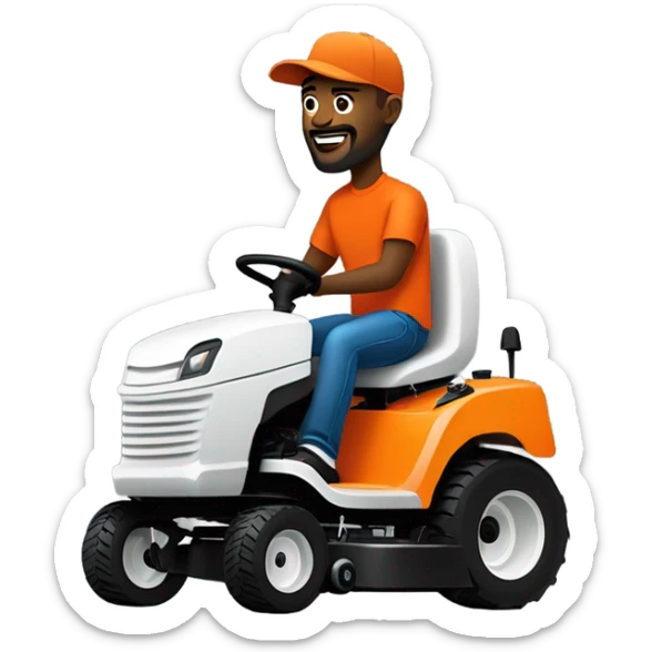 Black skin guy with beard, orange shirt, orange hat, black jeans and white jordans lowing a lawn with red and black lawn mower sticker