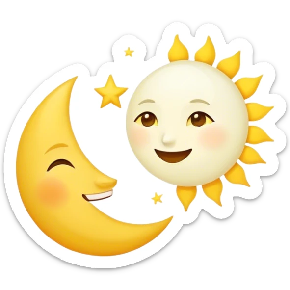 a really bright  big sun and a small moon who shines because of it. the sun is bigger and the tiny \moon bright too beside it smiling looking at each other sticker