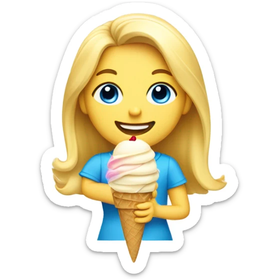 Girl with mid length blonde hair, blue eyes, yellow shirt, holding vanilla ice cream cone sticker
