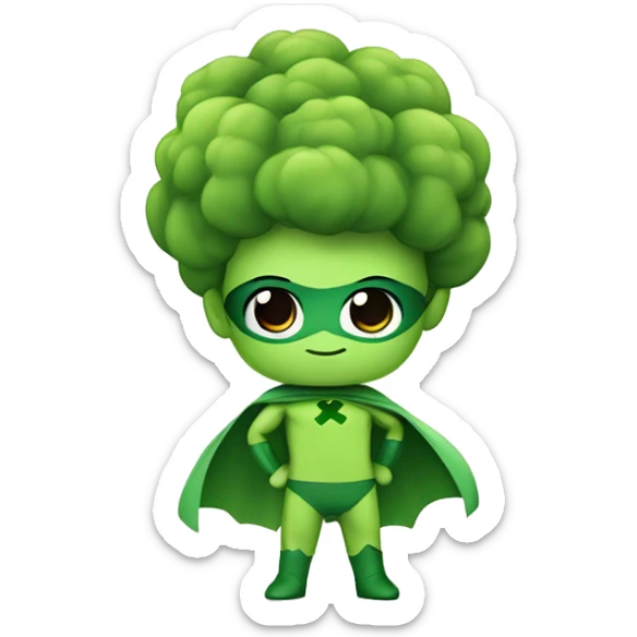 kawaii cute mini superhero with green clothes and a broccolis as hair,  full body saying hello sticker
