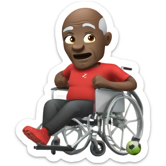 old black bald man with a protruding round pot belly in wheelchair. angry face. grey stubble. he is pointing finger in front. Arsenal soccer shirt. mouth word bubble sticker
