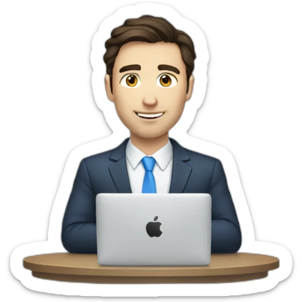 caucasian man with dark brown hair and  blue eyes wearing suit typing on a MacBook sticker