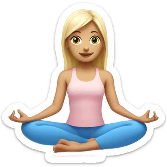 blonde with bangs and blue eyes yoga girl light pink clothes sitting on yoga mat sticker