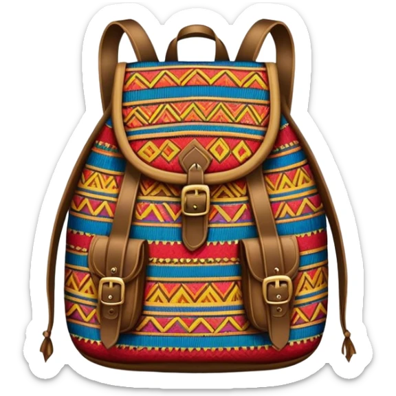 Cinematic Realistic image of a traditional Colombian mochila, rendered with detailed woven textures and vibrant patterns, set against a rustic backdrop with soft, cultural lighting sticker