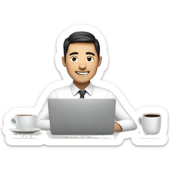 a Asian man, smile, glass, working with laptop in front, a cup of coffee on desk sticker
