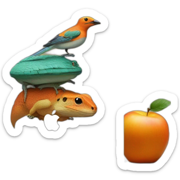 stack of macbook on top of apple on top of orange on top of brick on top of lizard on top of bird sticker