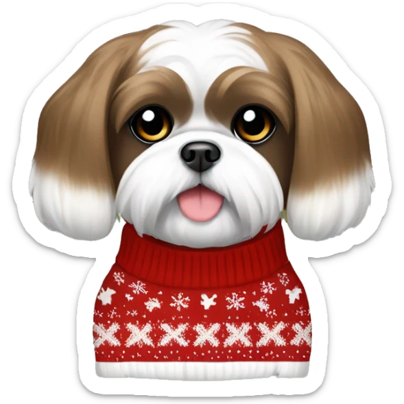 Brown and white Shih Tzu bow in hair wearing Christmas sweater sticker