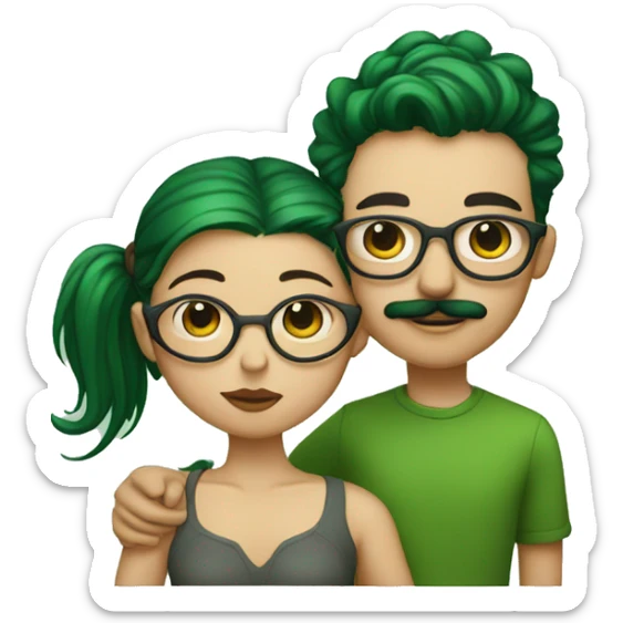 A heavy set boy with brown hair and a mustache is kissing a green haired girl who is thin and wearing glasses both have tattoos sticker
