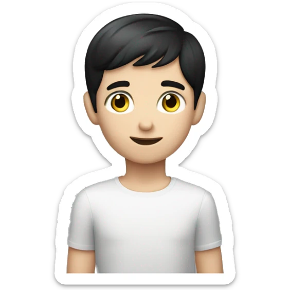 Young Caucasian boy with short black hair and blue eyes raising his hand against a black background sticker