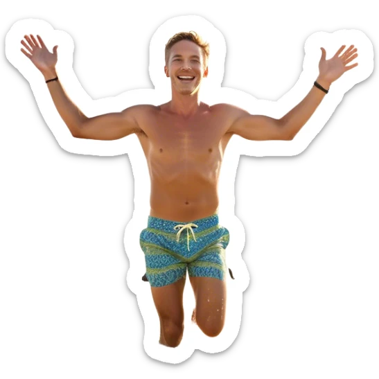 A white man running into the ocean with arms wide open, embracing the waves and the moment. The sun shines warmly, and the water sparkles, symbolizing the joy of creating fun and appreciating life’s simple moments. Their footprints in the sand fade as they fully immerse themselves in the present. sticker