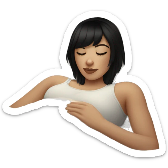Woman pale skin black hair with bangs sleeping in bed with pillow, white woman sticker