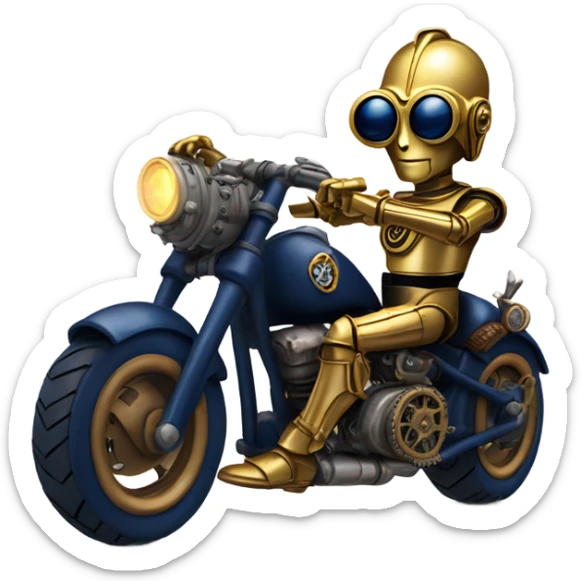 C-3PO wearing a pair of navy-blue heart shaped sunglasses riding a steampunk motorcycle on ice  sticker