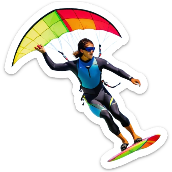 A vibrant kite soaring high in the sky, attached to a kiteboarder riding the waves below. The scene is filled with bright colors, capturing the energy of the sport. The background features the ocean, wind-blown waves, and a clear sky, showcasing the excitement and freedom of kiting. sticker