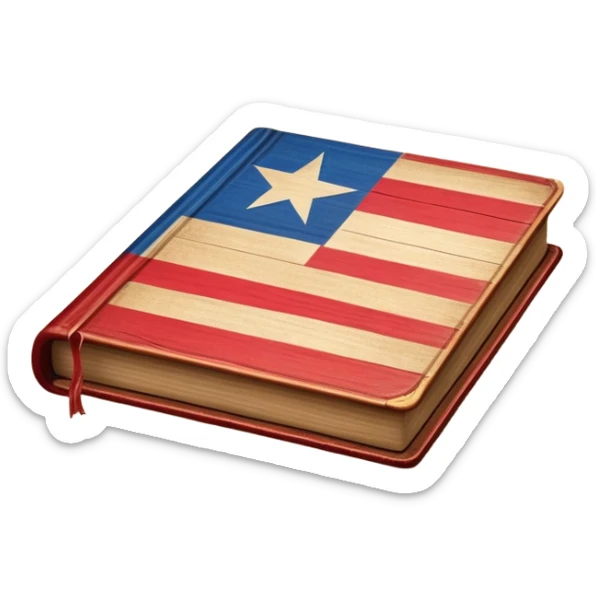 Elegant aged book with the Puerto Rican flag subtly embossed on the cover, carved wooden theater stage symbol, vintage textured cover with warm wood and parchment tones, slightly glowing, representing the eternal legacy of scenic design sticker