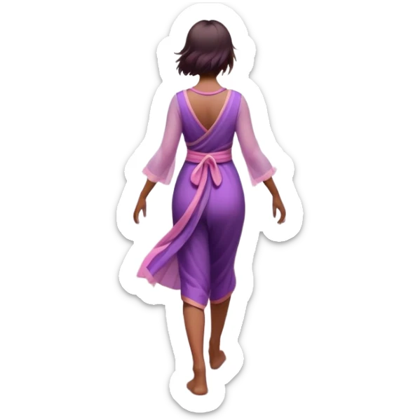 A small figure walks back across a foggy bridge, holding soft pink and purple orbs in each hand—symbolizing compassion and forgiveness. A gentle heart aura trails behind them, showing healing in motion. sticker