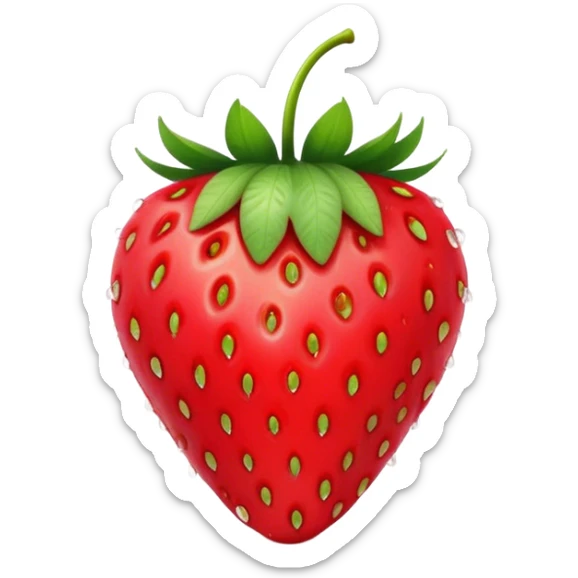 Cinematic Realistic Strawberry Emoji, Plump and juicy, with a deep red color and small, fresh seeds dotted across the skin. Its glossy, sweet surface catches the light, while bright green leaves top off the perfect, delicious berry. Soft glowing outline, capturing the essence of sweetness and freshness in a bright strawberry! sticker
