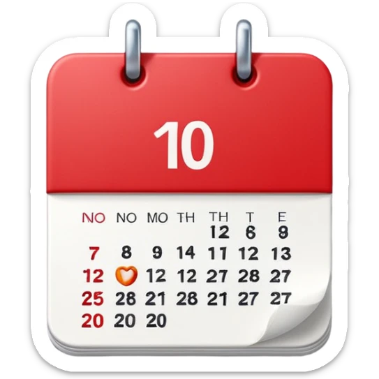 Apple-style 3D emoji icon of a calendar in perspective view, minimalistic design, only one centered date number, no month name, no weekday, no text or symbols other than the single number, realistic glossy material, soft depth, clean and detailed rendering sticker