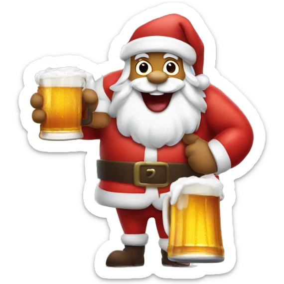Excited Santa's face sticking out tongue and rudolph holding beers with sled sticker