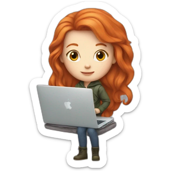 red-haired ginger girl, in an alternative outfit, holding a macbook sticker