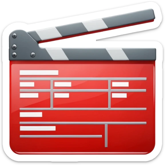 Glossy bright red clapperboard in the classic style of Apple icons: the top bar is tilted up-left, the body and bar with a deep glossy glare, dark gray edging, black background inside, perfectly square with rounded corners. sticker