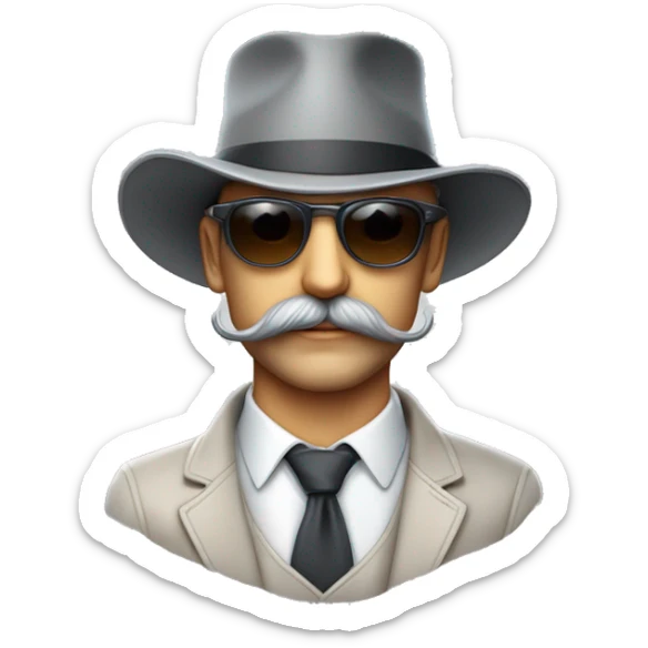 Homme en costard de couleur depau assez claire et un chapeau noie avec des lunette de soleil chic est une moustache gris sticker